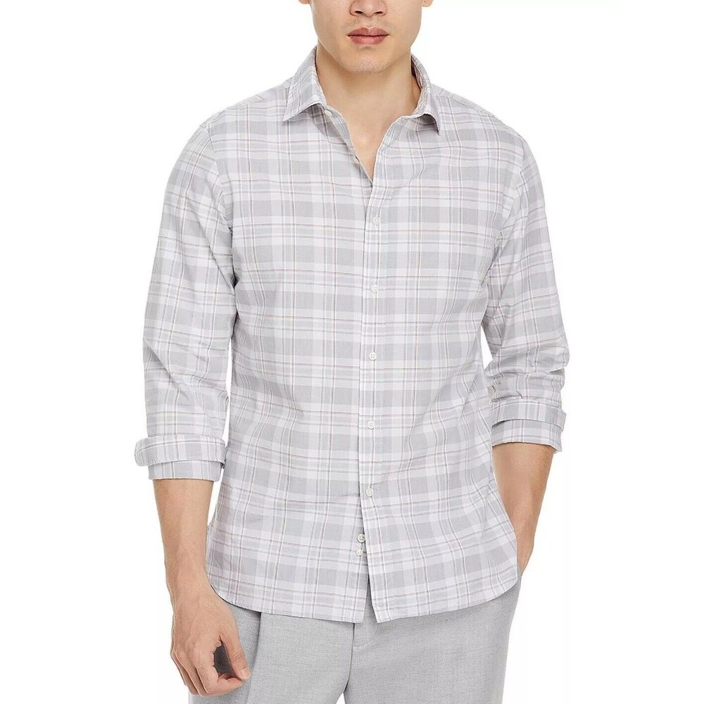 Plaid Button-Down Shirt Mens Store Bloomingdales Stretch Slim Fit, Gray Multi, M